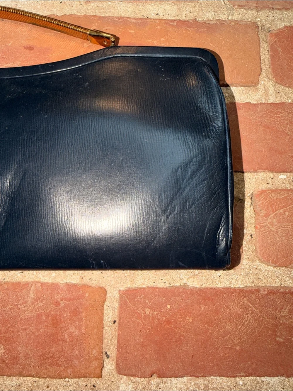 Blue Leather Wristlet Clutch with Gold-Tone Handle